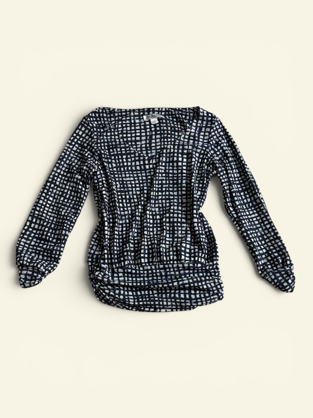 Pendleton Womens Navy White Grid Ruched V-Neck 3/4 Sleeve Blouse Medium Mesh Top
